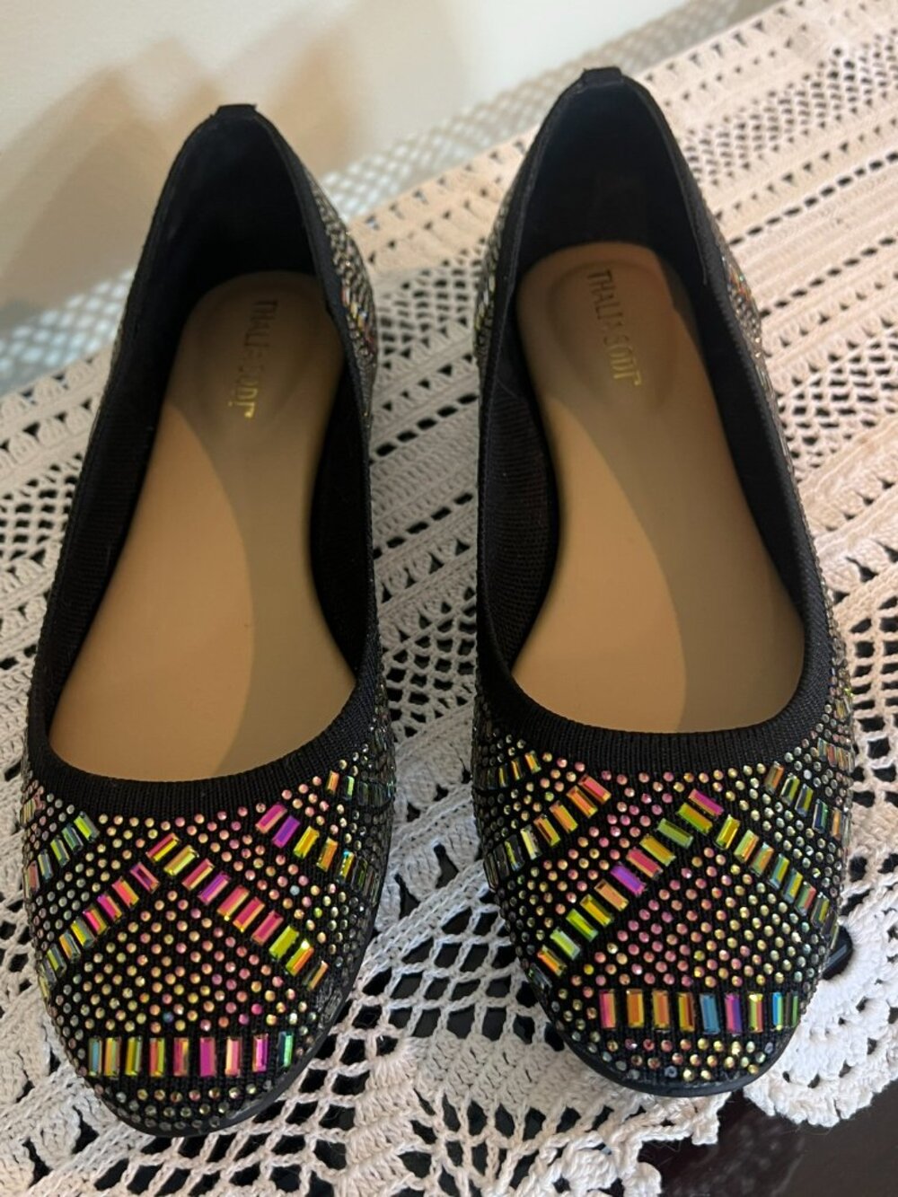 Women's Black Embellished Ballet Flats with Multicolor Rhinestones